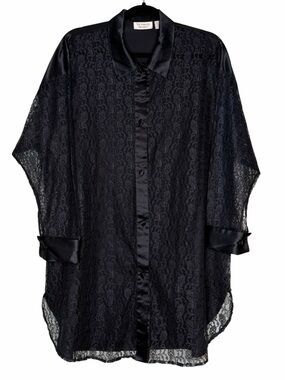Vintage Victoria's Secret Black Lace Front Blouse with Satin Back Panel & Cuffs